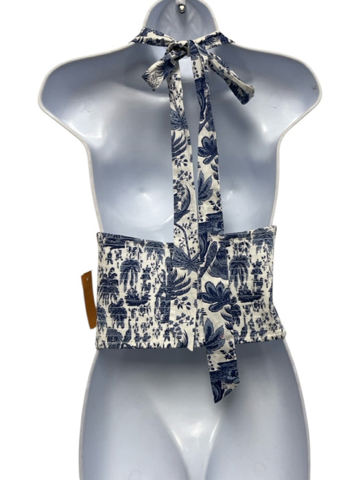 Staud Size M Blue & White Print Cotton Smocked Floral Halter Crop Top Blue & White Print / M