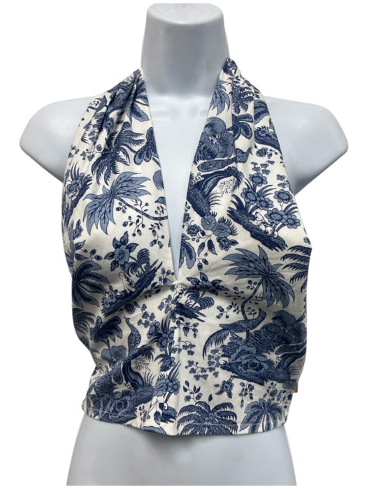 Staud Size M Blue & White Print Cotton Smocked Floral Halter Crop Top Blue & White Print / M