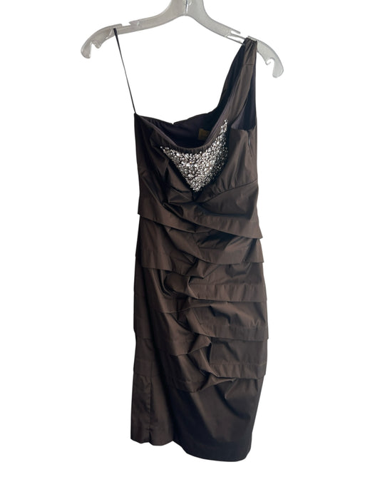 Nicole Miller Size 4 Chocolate Polyester One Shoulder Side Zip Tiered Dress Chocolate / 4