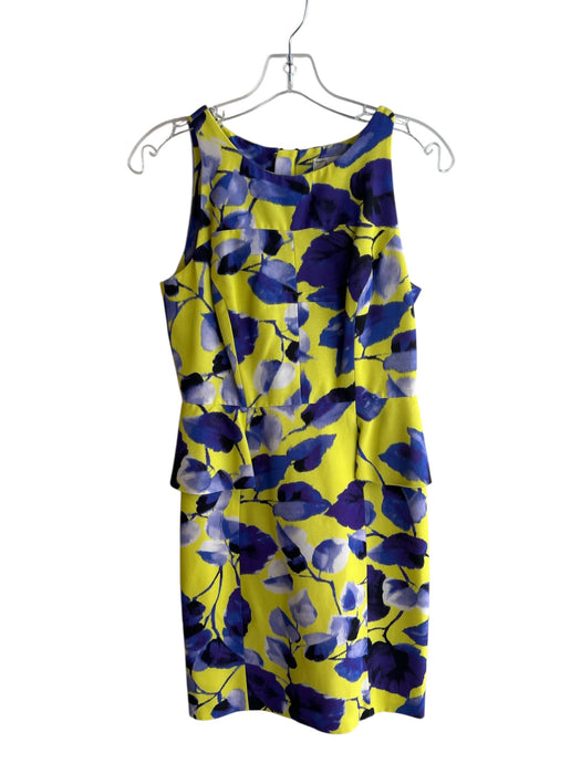 Milly Size 4 Yellow & Blue Cotton Blend Abstract Leaf Print Round Neck Dress Yellow & Blue / 4