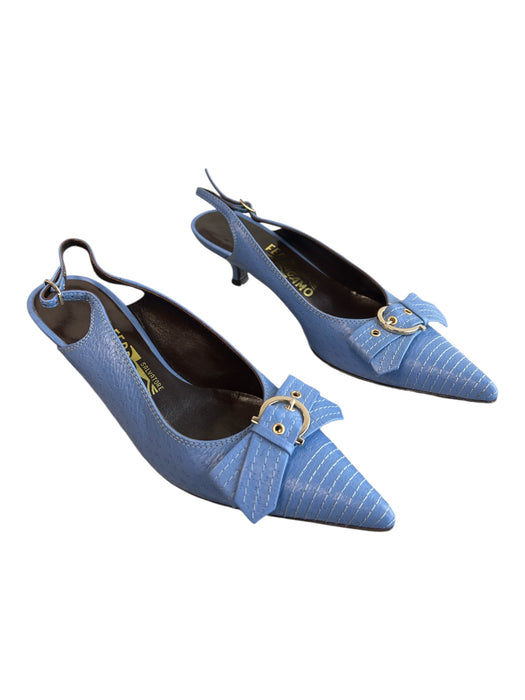 Ferragamo Shoe Size 6.5 Blue Leather Pointed Toe Slingback silver hardware Shoes Blue / 6.5