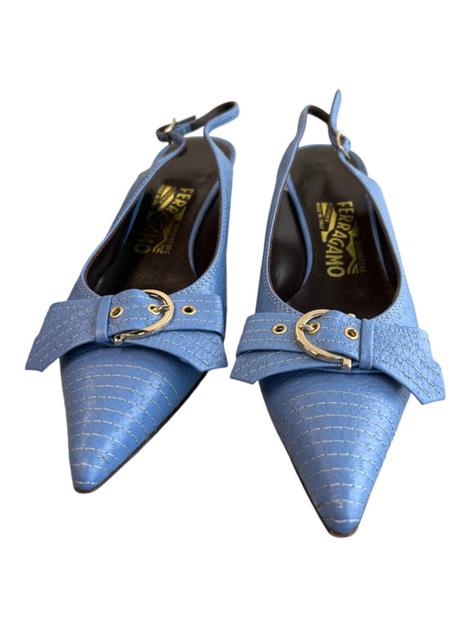 Ferragamo Shoe Size 6.5 Blue Leather Pointed Toe Slingback silver hardware Shoes Blue / 6.5