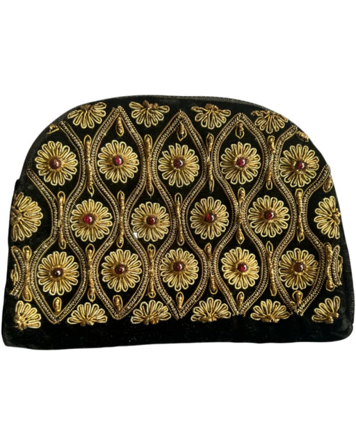 Sudha Black Velvet Beaded Zip Close Embroidered Pouch Bag Black / S