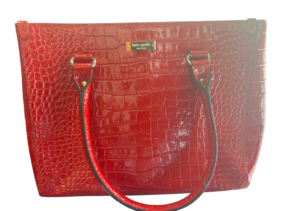 Kate Spade Red Leather Alligator Embossed Top Handles Inside Zip Pocket Bag Red