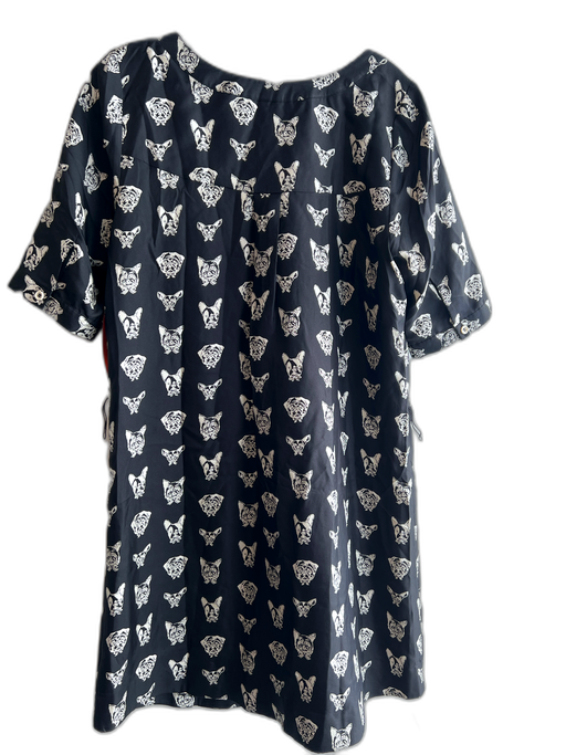 Maeve Size Medium Black & White Silk Dog Print Scoop Neck Front Button Dress Black & White / Medium