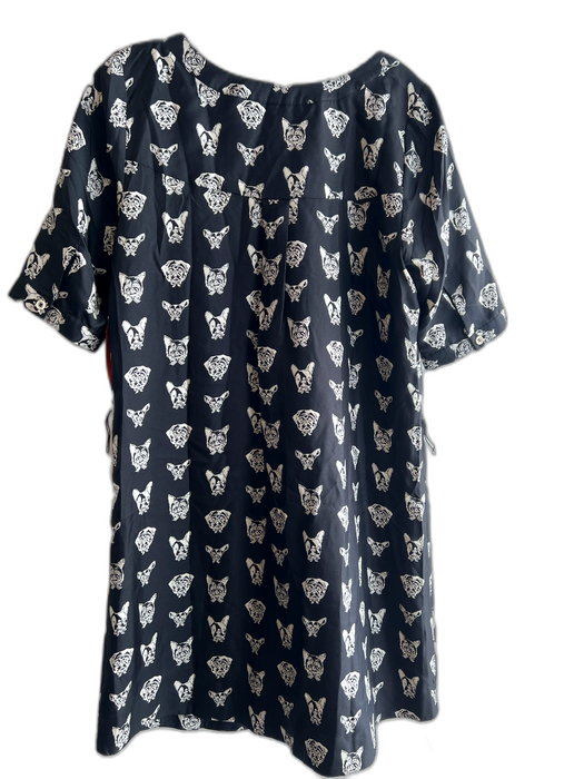 Maeve Size Medium Black & White Silk Dog Print Scoop Neck Front Button Dress Black & White / Medium