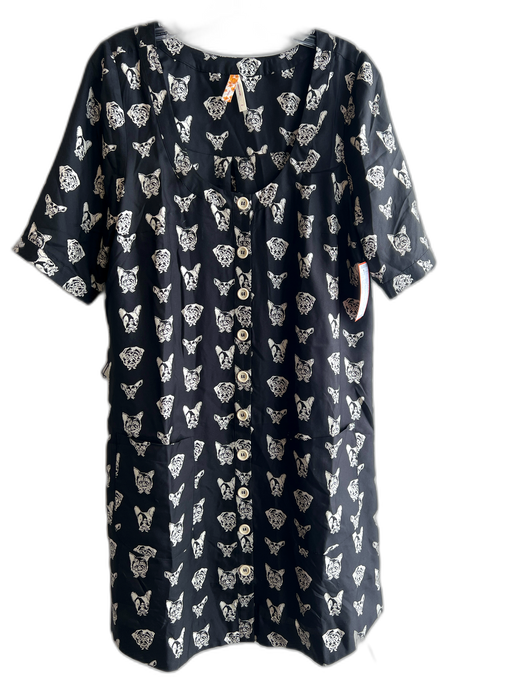 Maeve Size Medium Black & White Silk Dog Print Scoop Neck Front Button Dress Black & White / Medium