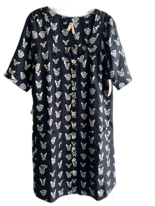 Maeve Size Medium Black & White Silk Dog Print Scoop Neck Front Button Dress Black & White / Medium