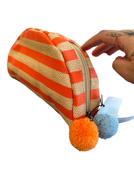 Saks Fifth Ave Orange & Tan Striped Top Zip Pom Pom Clutch Bag Orange & Tan / Small