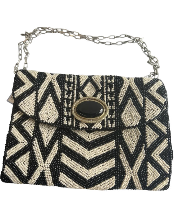Mary Frances Black & White Beaded Magnetic Snap Gem Detail Chain Strap Bag Black & White