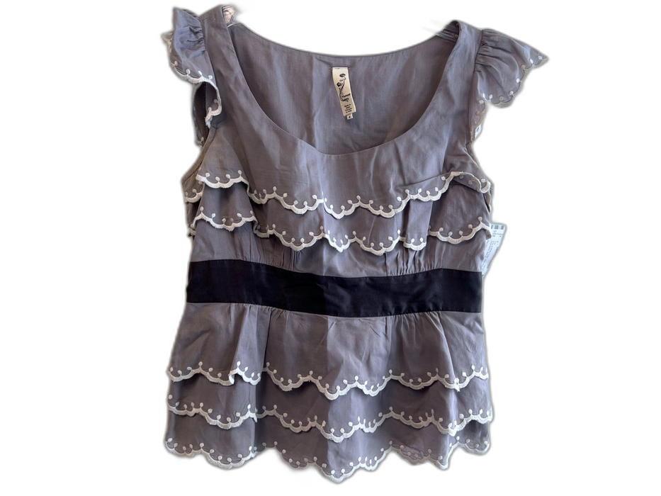 Floreat Size 4 Gray & White Cotton Wide Neck Ruffle Sleeveless Side Zip Top Gray & White / 4