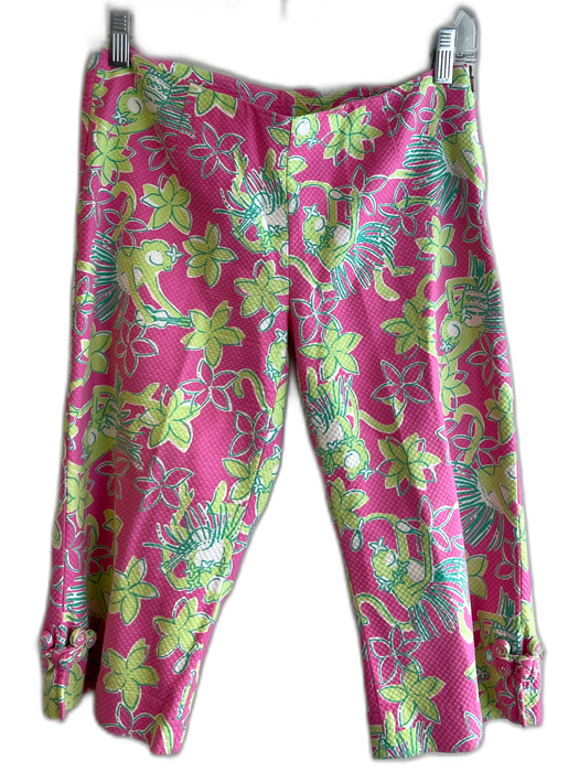 Lilly Pulitzer Size 2 Pink, Lime & Green Cotton Blend Monkey Print Capri Pink, Lime & Green / 2