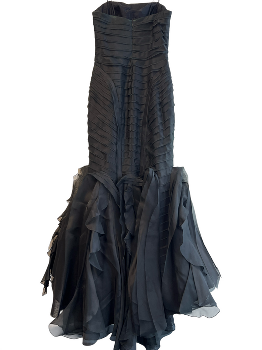 Theia Size 4 Black Strapless Tiered Back Zip Ruffles Gown Black / 4
