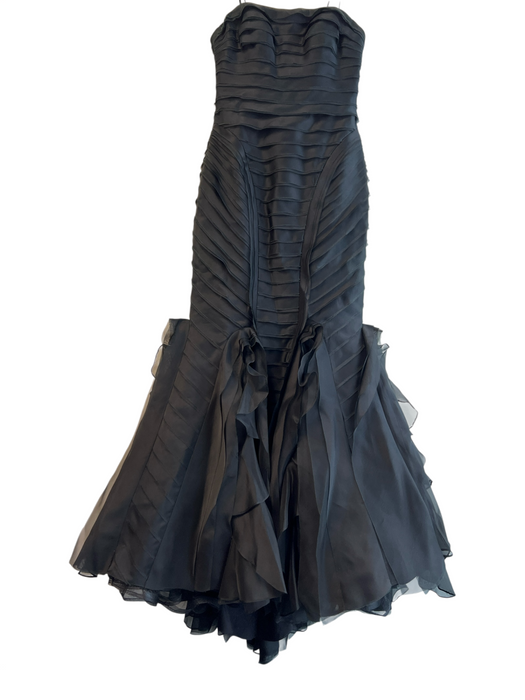 Theia Size 4 Black Strapless Tiered Back Zip Ruffles Gown Black / 4