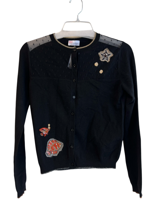 Red Valentino Size Small Black Wool Blend Appliques Button Down Fish Cardigan Black / Small
