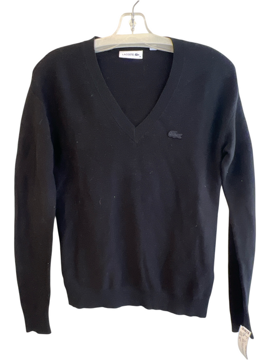 Lacoste Size 34 Black Cotton Long Sleeve V Neck Ribbed Pull Over Top Black / 34