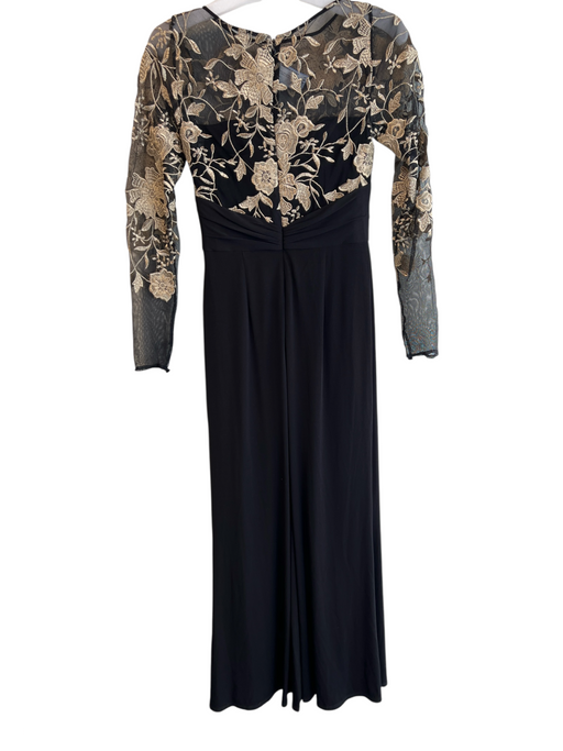 David Meister Size 2 Black & Gold Long Sleeve gold embroidery Mesh Accent Gown Black & Gold / 2