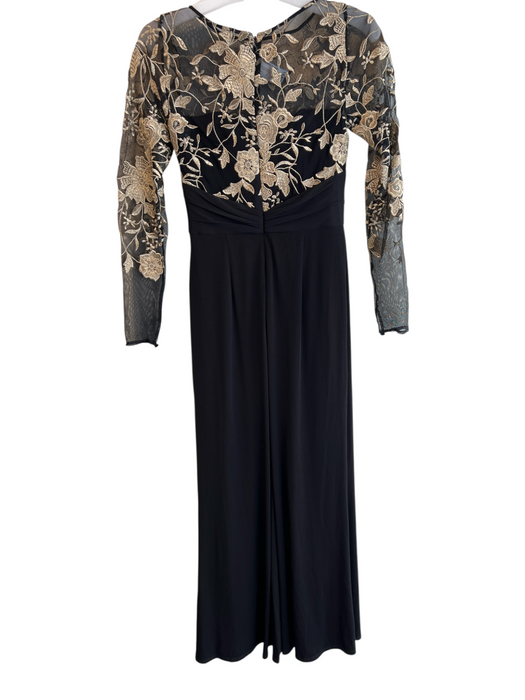 David Meister Size 2 Black & Gold Long Sleeve gold embroidery Mesh Accent Gown Black & Gold / 2