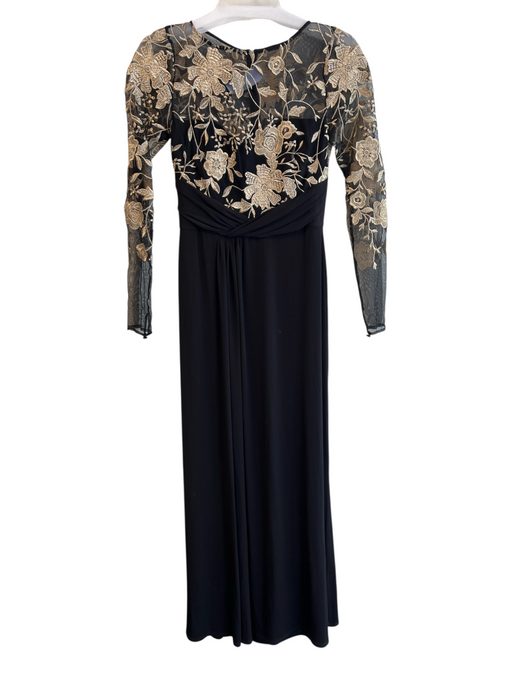 David Meister Size 2 Black & Gold Long Sleeve gold embroidery Mesh Accent Gown Black & Gold / 2