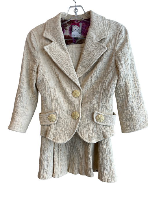 Yoana Baraschi Size 4 Cream Cotton Blend 3/4 Sleeve 2 button Textured Skirt Set Cream / 4
