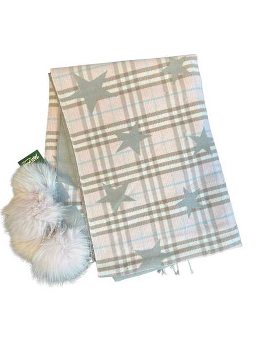 Peter Glenn Gray, Pink & Multi Viscose Plaid stars Fox Pom Poms Wrap scarf Gray, Pink & Multi / Large