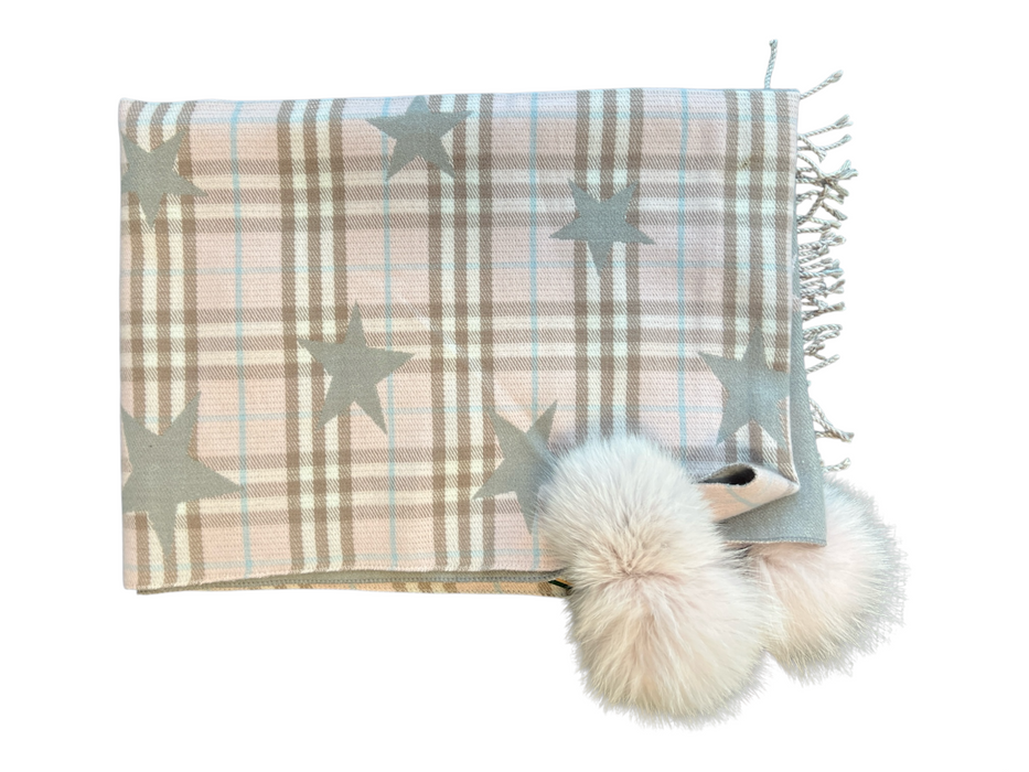 Peter Glenn Gray, Pink & Multi Viscose Plaid stars Fox Pom Poms Wrap scarf Gray, Pink & Multi / Large