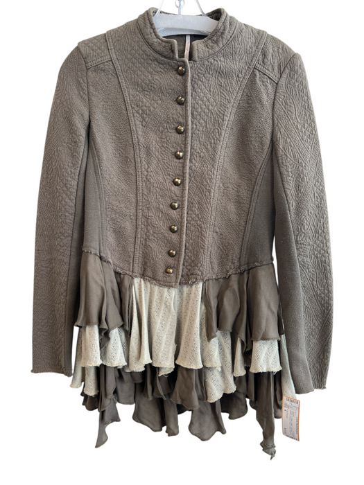 Free People Size 4 Green & Cream Cotton Textured Front Button Closure Jacket Green & Cream / 4