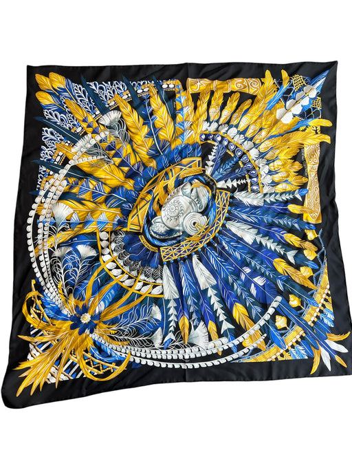 Hermes Black, Blue & Gold Silk Square scarf Black, Blue & Gold / Large