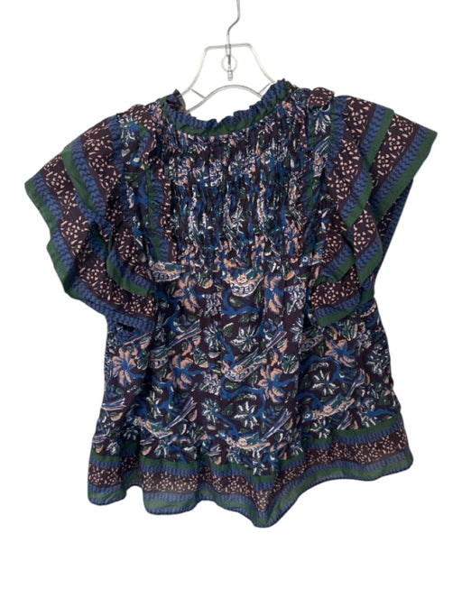 Sea New York Size M Navy & Green Cotton Short Sleeve Pleat Detail V Neck Top Navy & Green / M