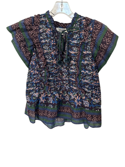 Sea New York Size M Navy & Green Cotton Short Sleeve Pleat Detail V Neck Top Navy & Green / M