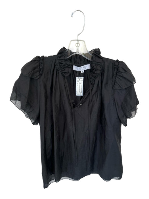 Hunter Bell Size M Black Tencel Blend Short Sleeve Ruffles V Neck Top Black / M