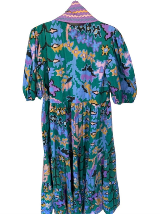 Oliphant Size M Teal & Purple Cotton Long Balloon Sleeve Aztec V Neck Maxi Dress Teal & Purple / M