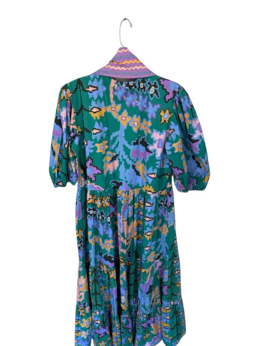 Oliphant Size M Teal & Purple Cotton Long Balloon Sleeve Aztec V Neck Maxi Dress Teal & Purple / M
