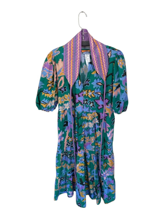 Oliphant Size M Teal & Purple Cotton Long Balloon Sleeve Aztec V Neck Maxi Dress Teal & Purple / M