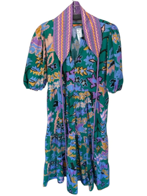 Oliphant Size M Teal & Purple Cotton Long Balloon Sleeve Aztec V Neck Maxi Dress Teal & Purple / M