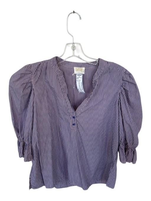 Nation Size M purple & pink Pima Cotton 3/4 Balloon Sleeve Striped Buttons Top purple & pink / M