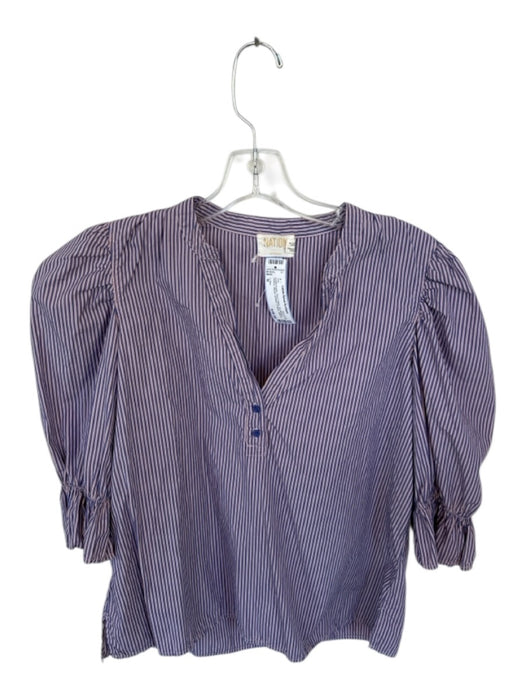 Nation Size M purple & pink Pima Cotton 3/4 Balloon Sleeve Striped Buttons Top purple & pink / M