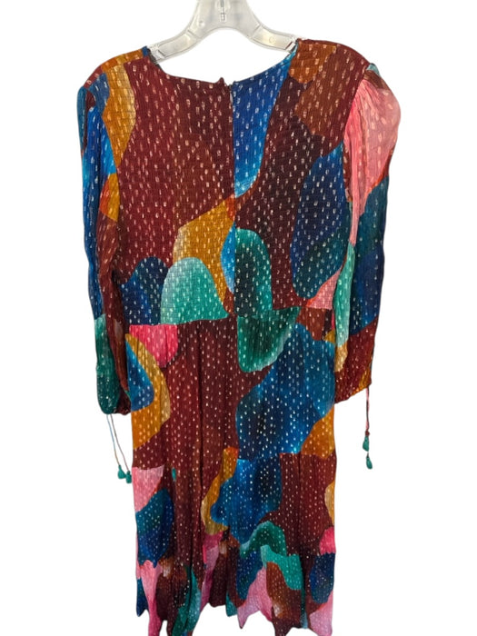Oliphant Size M Rust & Green Print Long Balloon Sleeve smocked Color Block Dress Rust & Green Print / M