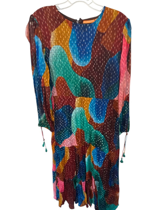 Oliphant Size M Rust & Green Print Long Balloon Sleeve smocked Color Block Dress Rust & Green Print / M