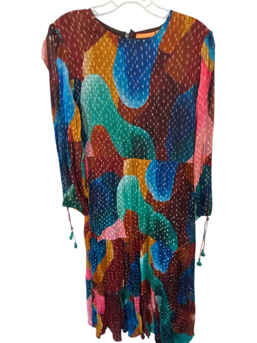 Oliphant Size M Rust & Green Print Long Balloon Sleeve smocked Color Block Dress Rust & Green Print / M