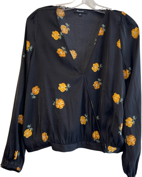 Madewell Size M Black Polyester Bubble Sleeve Dotted & Floral Jacquard Top Black / M