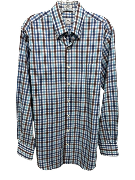 Peter Millar Size M White, Brown, Blue & Green Cotton Plaid Long Sleeve Shirt White, Brown, Blue & Green / M