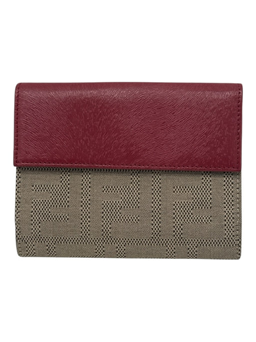 Fendi Beige & Red Canvas & Leather Snap Button Closure Logo Monogram Wallets Beige & Red