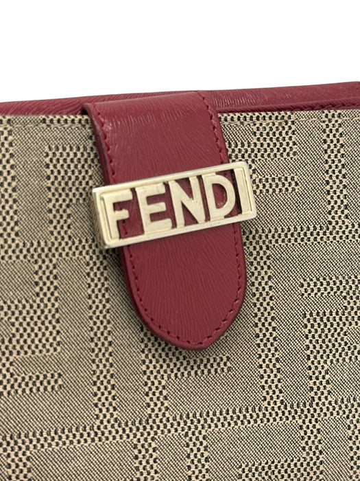 Fendi Beige & Red Canvas & Leather Snap Button Closure Logo Monogram Wallets Beige & Red