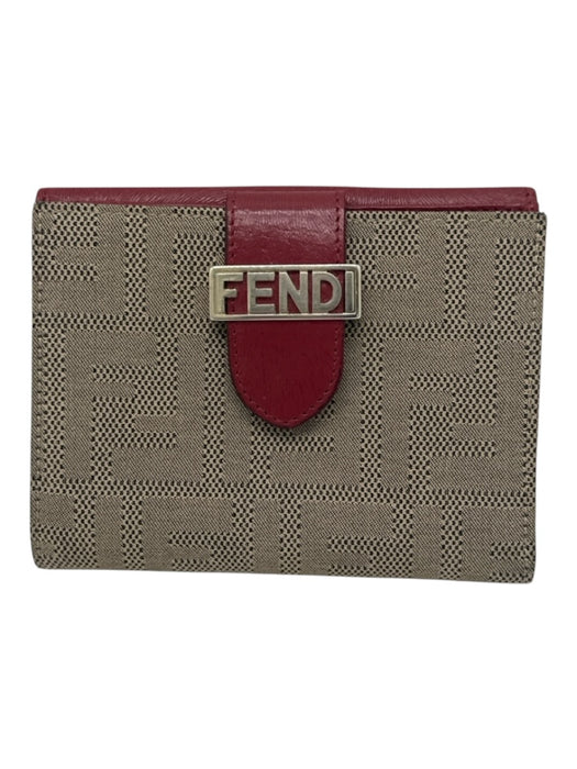 Fendi Beige & Red Canvas & Leather Snap Button Closure Logo Monogram Wallets Beige & Red