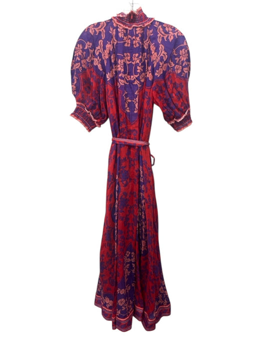 Zimmermann Size 2 Red & Purple Ramie Floral Short Puff Sleeve 1/4 Button Dress Red & Purple / 2