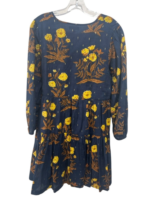 Pink Chicken Size S Navy Blue & Yellow Cotton Metallic Thread Floral Dress Navy Blue & Yellow / S