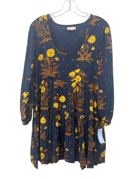 Pink Chicken Size S Navy Blue & Yellow Cotton Metallic Thread Floral Dress Navy Blue & Yellow / S