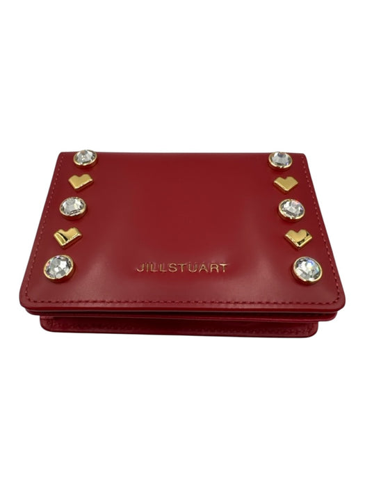Jill Stuart Red & Gold Leather Rhinestone Gold Tone Hardware Card Holder Wallets Red & Gold