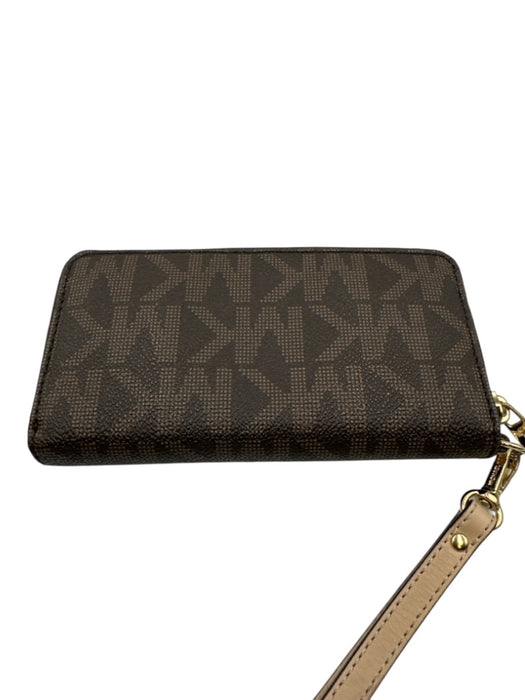 Michael Kors Brown & Beige Leather Gold Tone Hardware Monogram Zip Wallets Brown & Beige